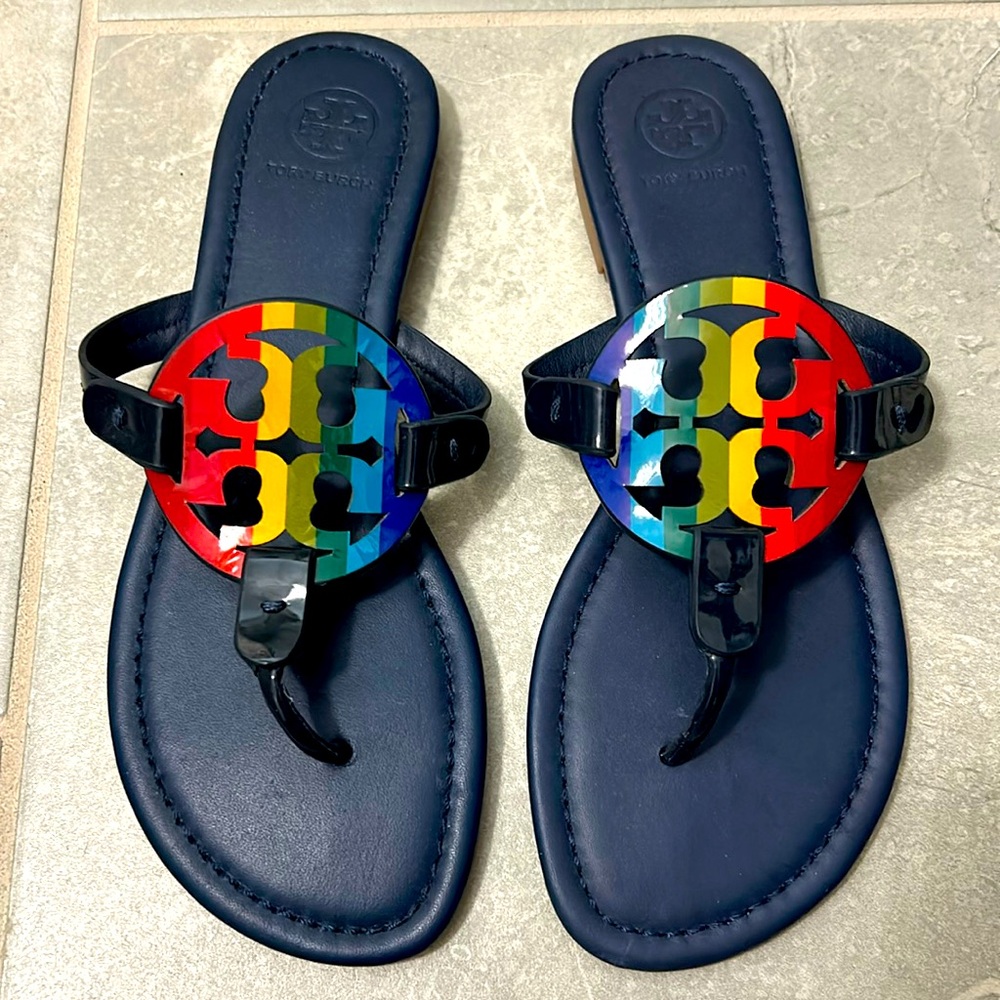 NWOB Tory Burch sandals. Size 7 1/2. Blue with rainbow logo detailing